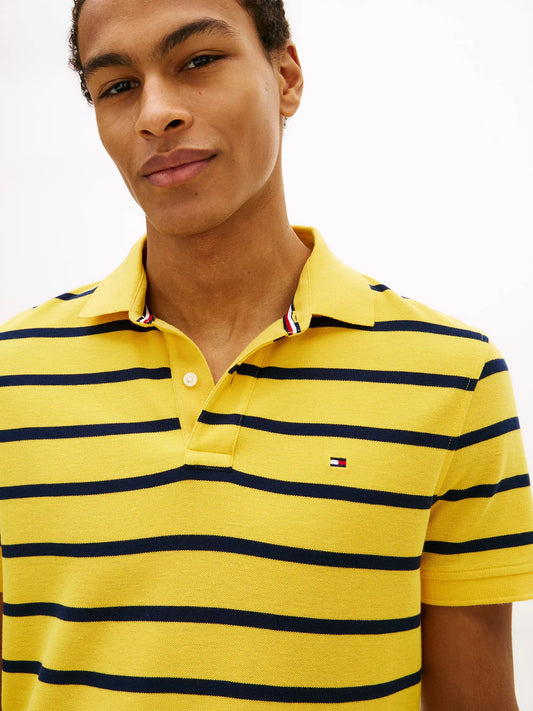 Tommy Hilfiger Regular Fit Striped Wicking Polo in Pollen/Black Stripe