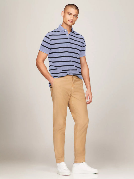 Tommy Hilfiger Regular Fit Striped Wicking Polo in Medium Blue Heather Stripe