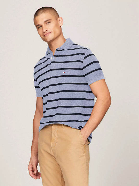 Tommy Hilfiger Regular Fit Striped Wicking Polo in Medium Blue Heather Stripe