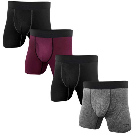 Reebok Men's 4-Pack Performance Boxer Briefs in Black/Fig/Grey/Heather