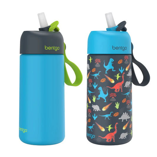 Bentgo Kids Stainless Steel Insulated Water Bottle 2-Pack (Dinosaur/Dino-Mite Blue)
