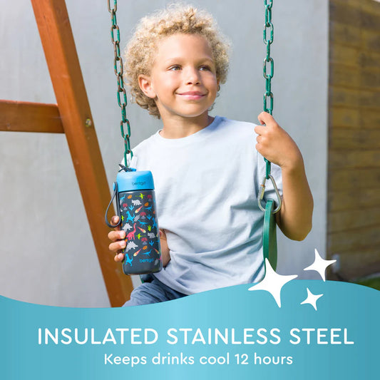 Bentgo Kids Stainless Steel Insulated Water Bottle 2-Pack (Dinosaur/Dino-Mite Blue)