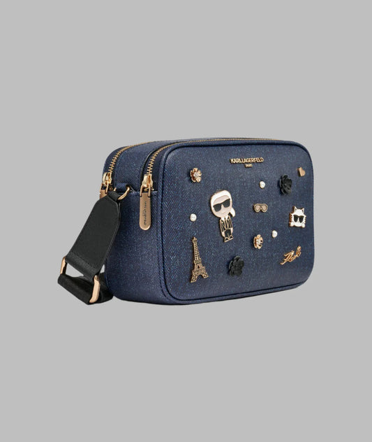 Karl Lagerfeld Paris Maybelle Denim Crossbody With Pins - Blue