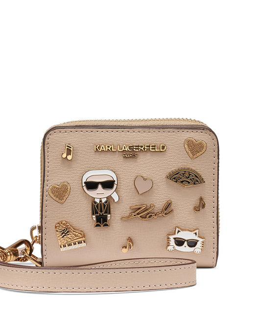 Karl Lagerfeld Paris Cate Pin Leather Small Zip Wallet in White Pepper