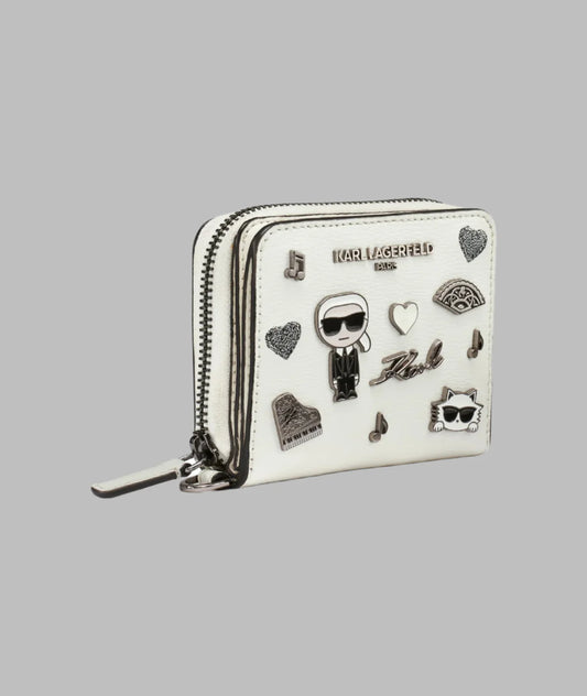Karl Lagerfeld Paris Cate Pin Leather Small Zip Wallet in White