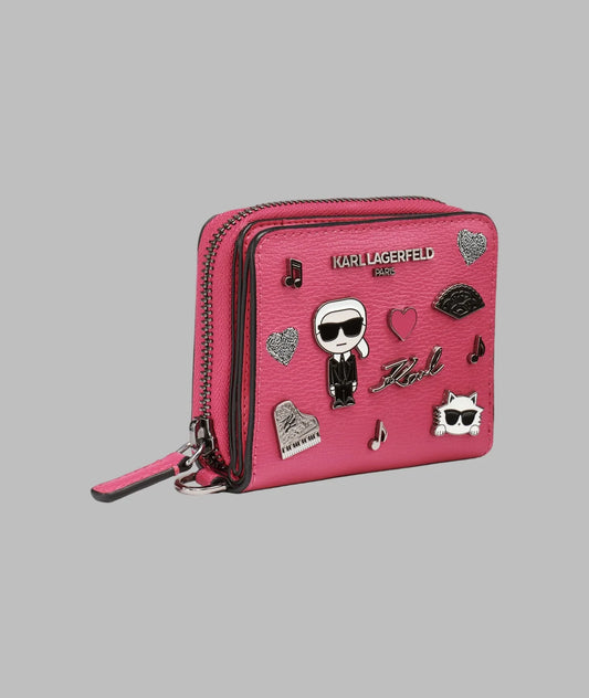Karl Lagerfeld Paris Cate Pin Leather Small Zip Wallet in Fuchsia