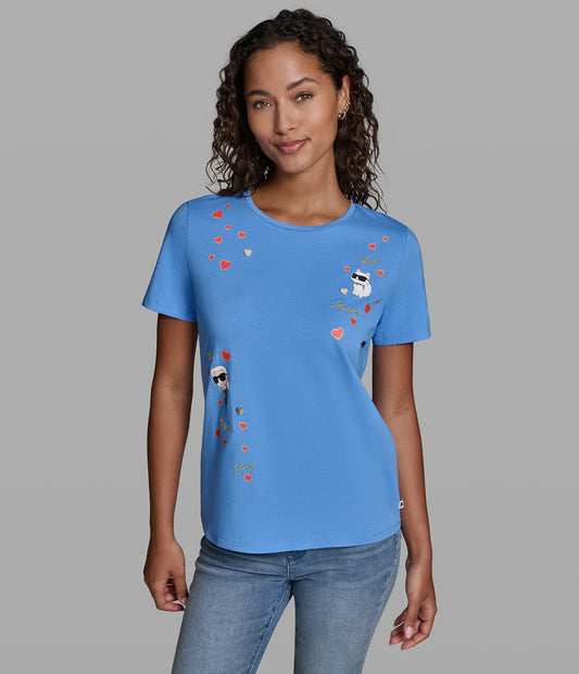 Karl Lagerfeld Paris Women's Karl Et Choupette Pin Tee in Porcelain Blue