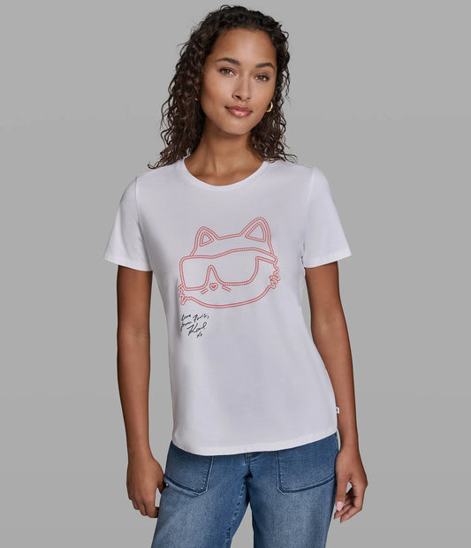 Karl Lagerfeld Paris Women's Choupette Chain Link Tee in Soft White