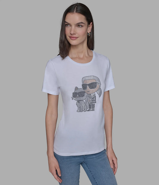 Karl Lagerfeld Paris Women’s "Karl et Choupette" Crystal Tee in White