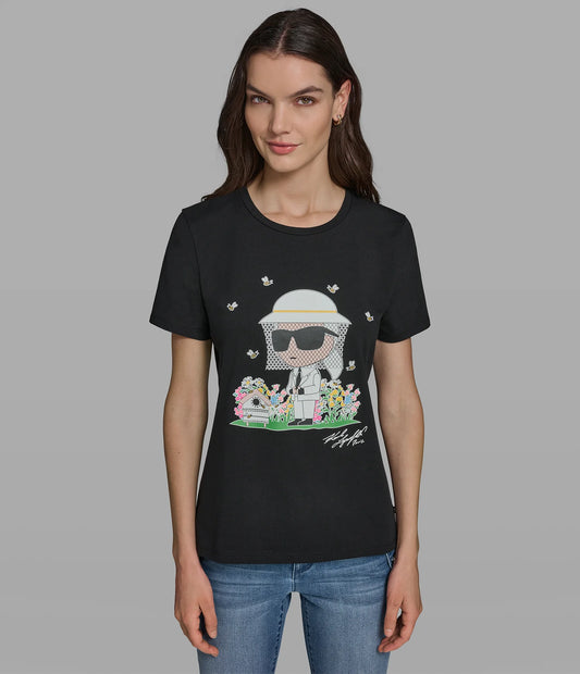 Karl Lagerfeld Paris Women’s Cotton Jersey Beekeeper Karl Tee in Black