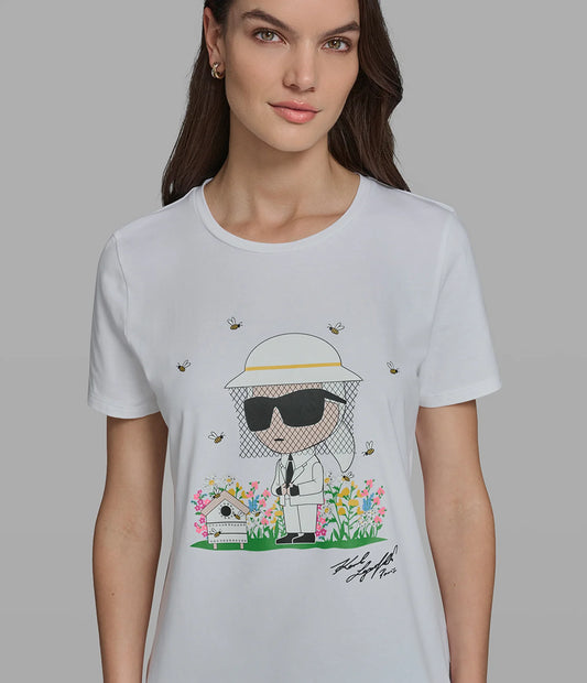 Karl Lagerfeld Paris Women’s Cotton Jersey Beekeeper Karl Tee in White