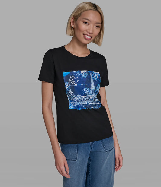 Karl Lagerfeld Paris Cotton Jersey Blue Paris Scene Tee (in black)