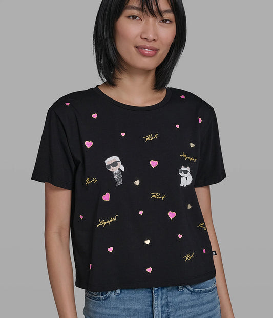 Karl Lagerfeld Paris Women’s Cotton Jersey Karl et Choupette Hearts Tee in Black