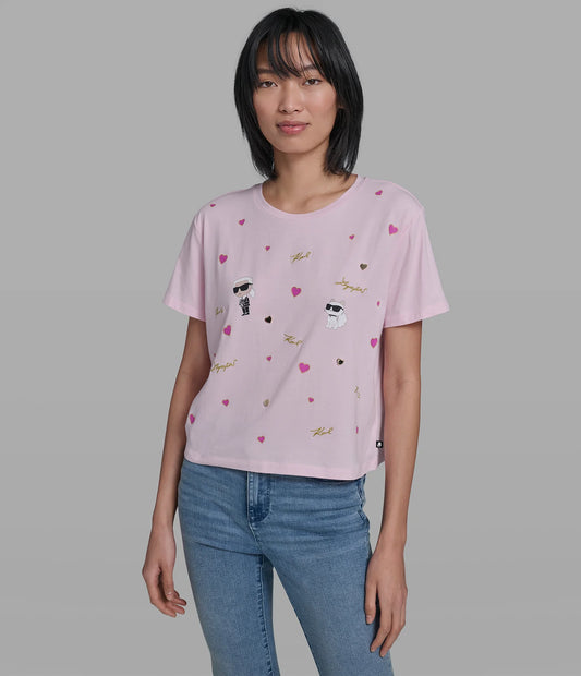 Karl Lagerfeld Paris Women’s Cotton Jersey Karl et Choupette Hearts Tee in Ballet Slipper