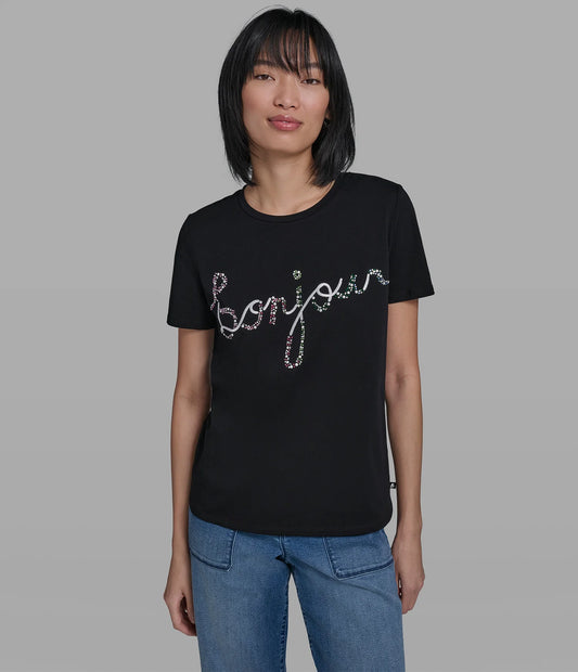 Karl Lagerfeld Paris Women’s Cotton Jersey Bonjour Tee in Black