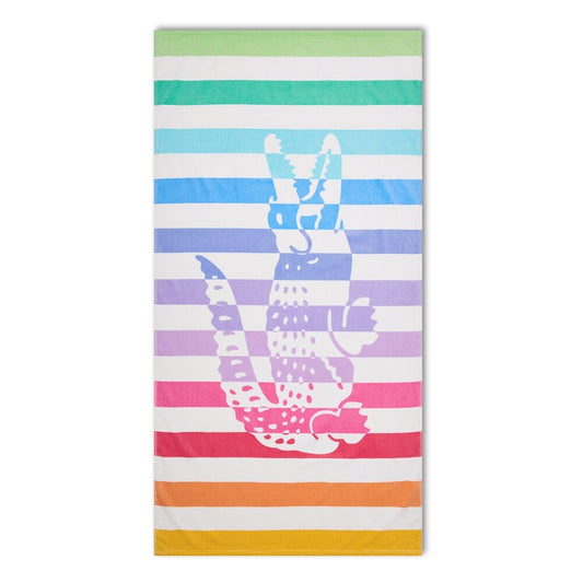 Lacoste Home Luxury Oversized 100% Cotton Beach Towel (36" x 72") in Rainbow Logo / Striped Rainbow Croc