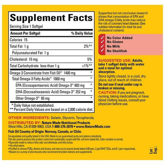 Nature Made Burp-Less Ultra Omega-3 Fish Oil Softgels, 130 count