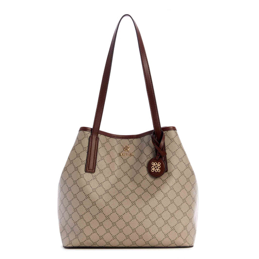 Nine West Delaine 2 in 1 Tote in Beige Logo Mahogany