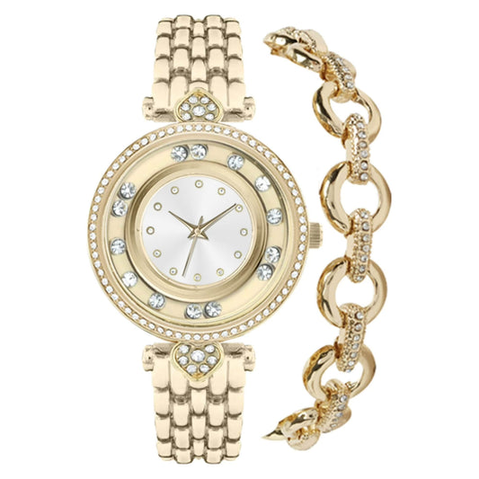 Time and Tru Women's Adult Gold-Tone Floating Bezel Watch and Faux Crystal Bracelet Set (2-Piece)