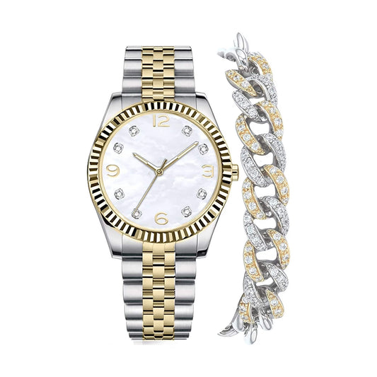 Time and Tru Women's Two-Tone Cushion Case Watch and Faux Crystal Bracelet Set (2-Piece)