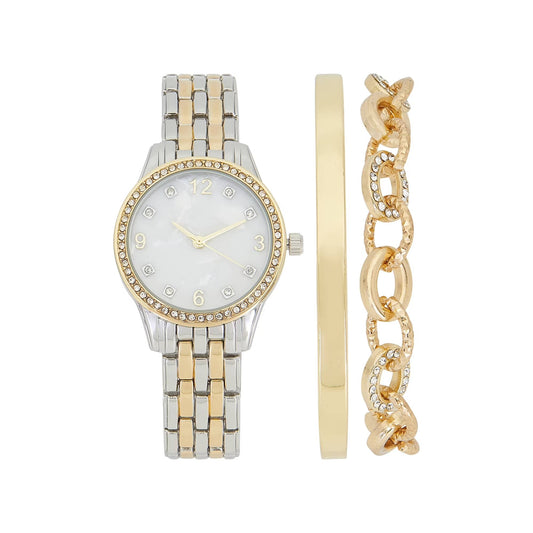 Time and Tru Women's Two-Tone Round Watch and Link and Bangle Bracelet Set (3-Piece)