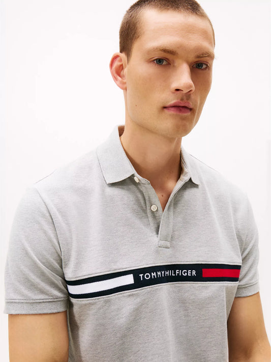 Tommy Hilfiger Regular Fit Embroidered Stripe Polo in Grey Heather