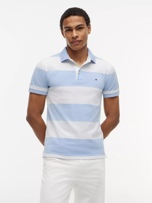 Tommy Hilfiger Men's Slim Fit Rugby Stripe Polo in Light Blue/White Stripe