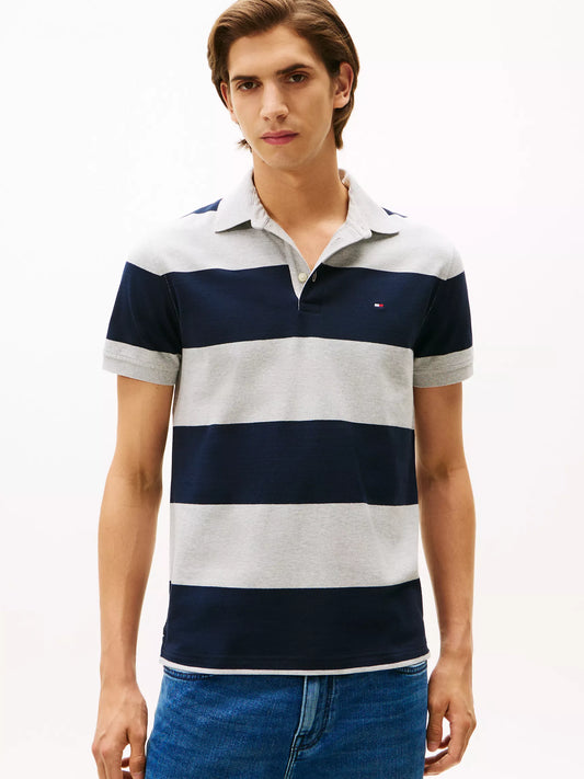 Tommy Hilfiger Men's Slim Fit Rugby Stripe Polo in Grey Heather/Navy Stripe
