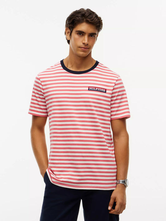 Tommy Hilfiger Men's Striped Hilfiger Logo T-Shirt in Vintage Red