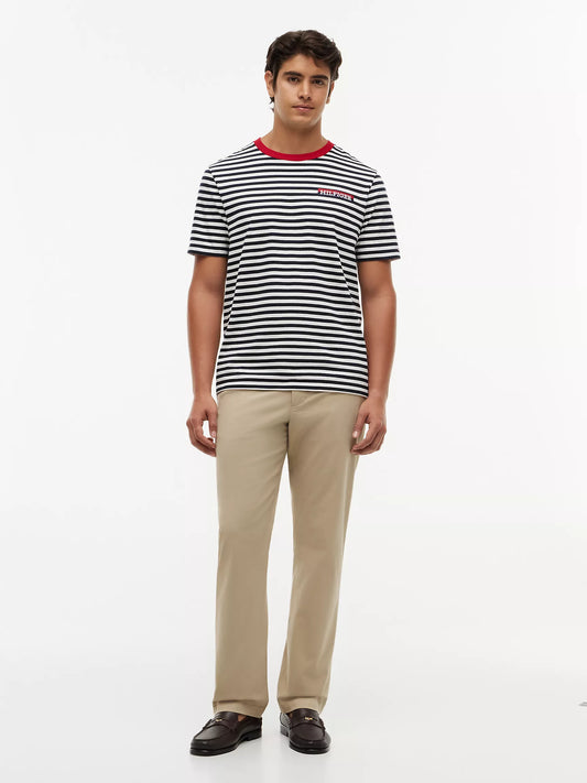 Tommy Hilfiger Men's Striped Hilfiger Logo T-Shirt in Ivory Silk/Navy Stripe