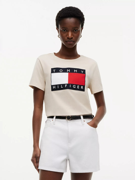 Tommy Hilfiger Women's Big Flag Logo T-Shirt in Classic Beige