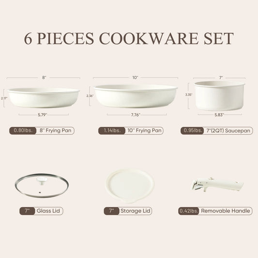 Carote Nonstick Detachable Pots and Pans Set, 6 Pieces (White Granite)