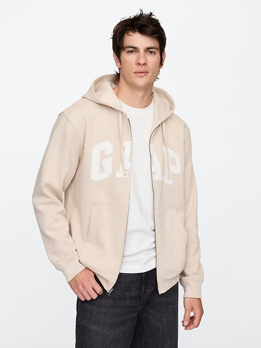 Relaxed Men Gap Logo Zip Hoodie - Bedrock Beige
