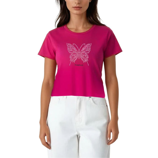 Bebe Women's Short Sleeve Rhinestone Logo T-Shirt in Pink
