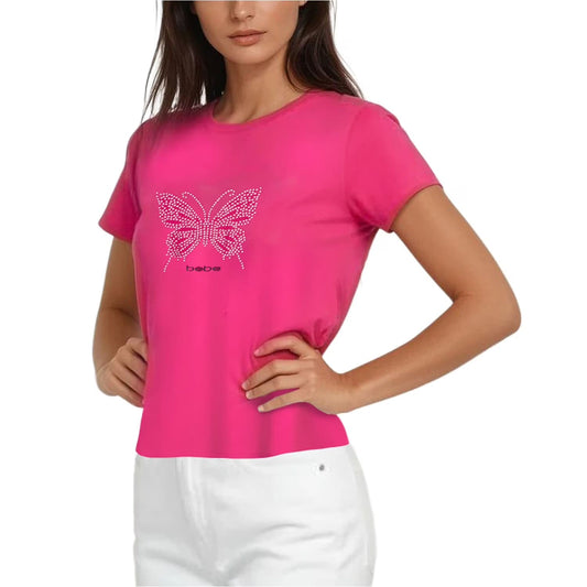 Bebe Women's Short Sleeve Rhinestone Logo T-Shirt in Pink