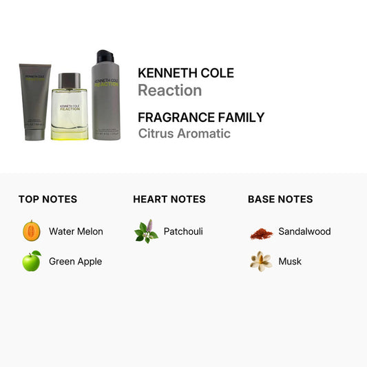 Kenneth Cole Men's Reaction Gift Set (EDT Spray 3.3 oz, After Shave Balm 3.4 oz, Body Spray 6.0 oz, in Gift Box)