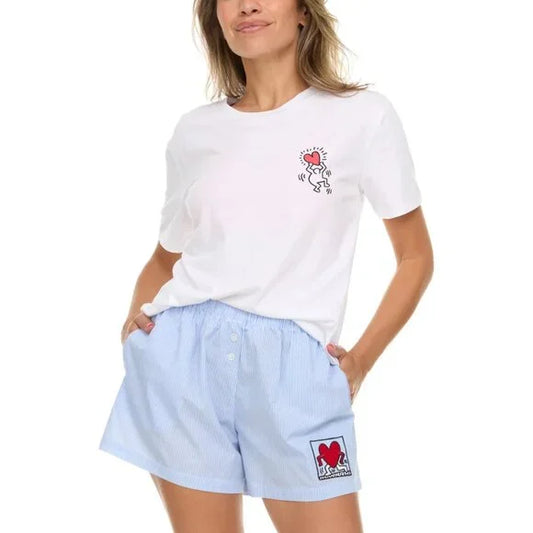 Keith Haring Womens Tee & Boxer Set White Tee Blue Striped Short Soft Valentines