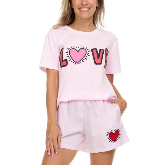 Keith Haring Womens Tee & Boxer Set White Tee Pink Striped Short Soft Valentines