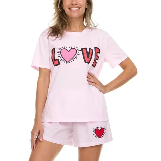 Keith Haring Womens Tee & Boxer Set White Tee Pink Striped Short Soft Valentines