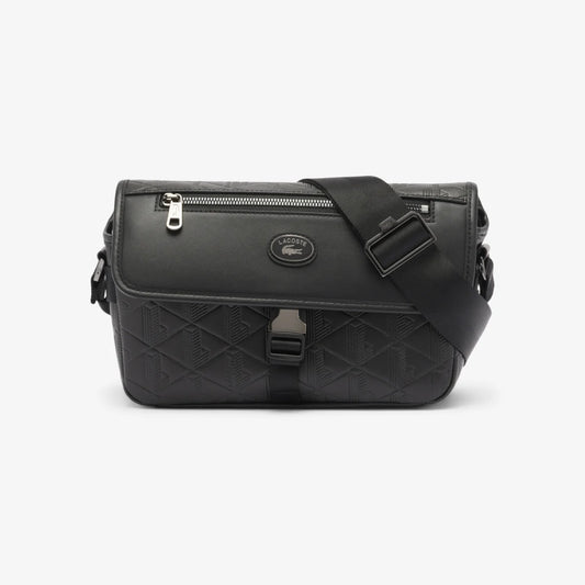 Lacoste Men's Small Monogram Leather Flap Satchel (Noir • 000)