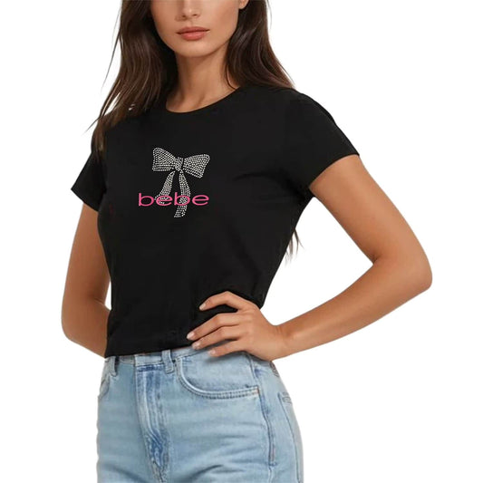 Bebe Women's Short Sleeve Rhinestone Logo T-Shirt in Black