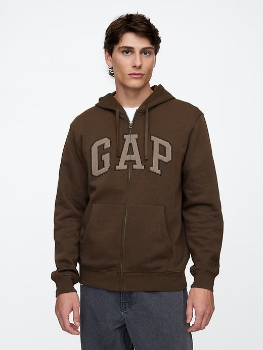 Relaxed Men Gap Logo Zip Hoodie - Ground Brown
