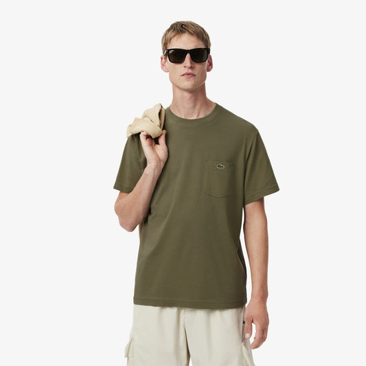 Lacoste Cotton T-shirt with Breast Pocket - Khaki • BMY
